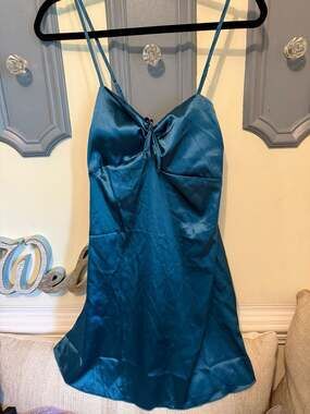Teal Satin Spaghetti Strap Mini Slip Dress with Bow Detail